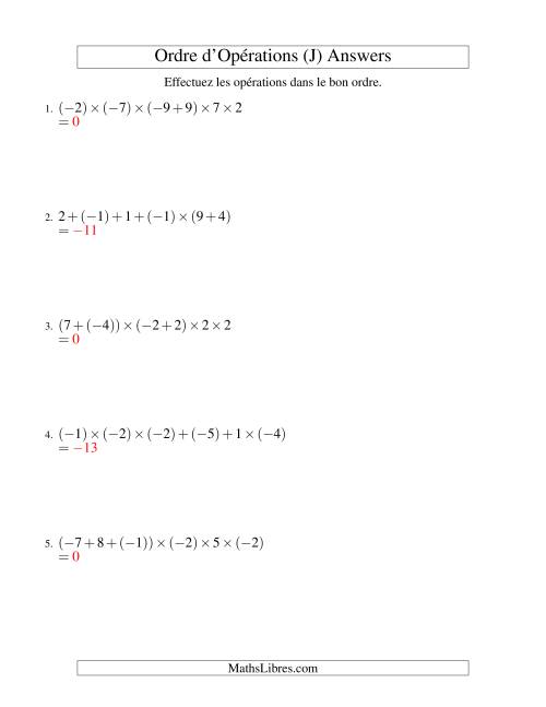 Ordre des opérations avec nombres entiers (cinq étapes) -- Addition et multiplication (J) page 2