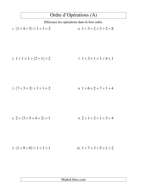 Ordre des opérations avec nombres entiers (cinq étapes) -- Addition et multiplication (nombres positifs seulement) (Ancien)