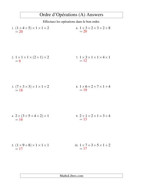 Ordre des opérations avec nombres entiers (cinq étapes) -- Addition et multiplication (nombres positifs seulement) (Ancien) page 2