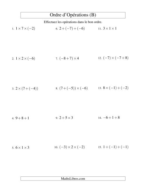 Ordre des opérations avec nombres entiers (deux étapes) -- Addition et multiplication (B)