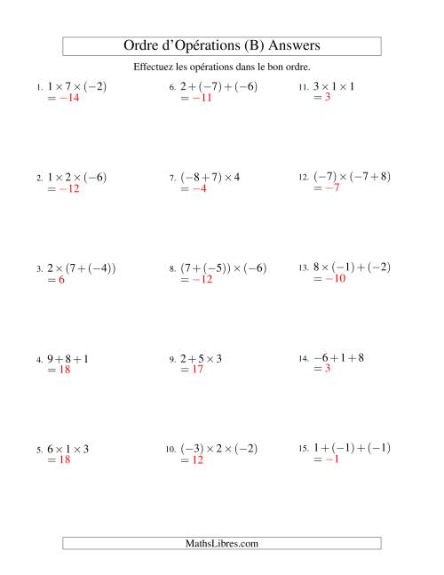 Ordre des opérations avec nombres entiers (deux étapes) -- Addition et multiplication (B) page 2