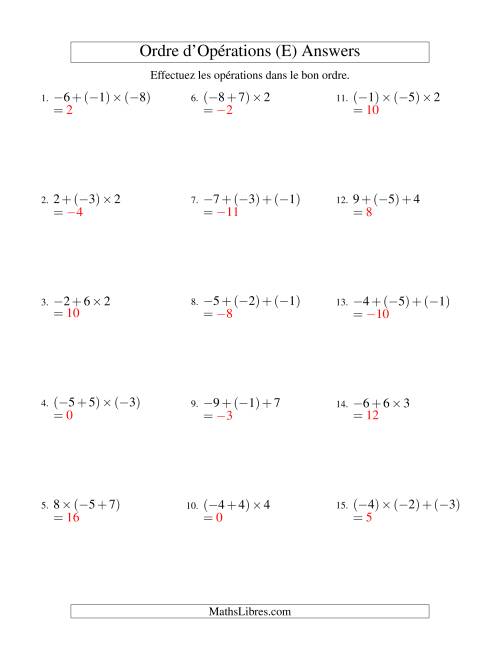 Ordre des opérations avec nombres entiers (deux étapes) -- Addition et multiplication (E) page 2