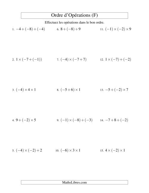 Ordre des opérations avec nombres entiers (deux étapes) -- Addition et multiplication (F)