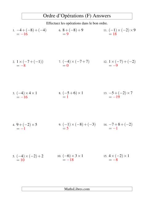Ordre des opérations avec nombres entiers (deux étapes) -- Addition et multiplication (F) page 2