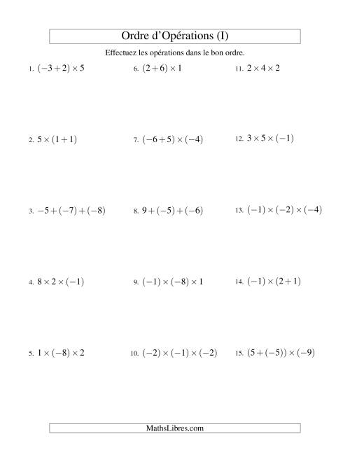 Ordre des opérations avec nombres entiers (deux étapes) -- Addition et multiplication (I)