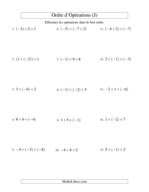 Ordre des opérations avec nombres entiers (deux étapes) -- Addition et multiplication (J)