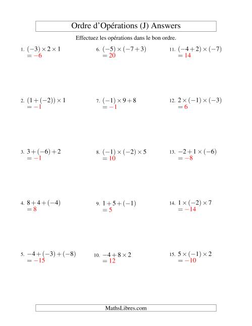 Ordre des opérations avec nombres entiers (deux étapes) -- Addition et multiplication (J) page 2