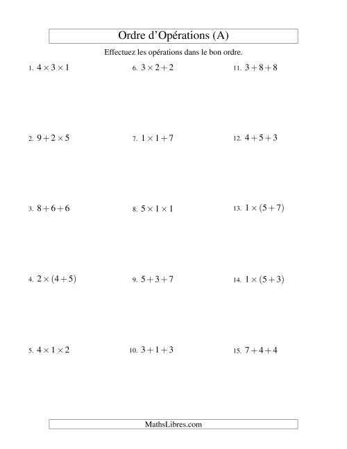 Ordre des opérations avec nombres entiers (deux étapes) -- Addition et multiplication (nombres positifs seulement) (Ancien)