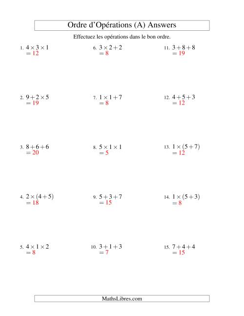 Ordre des opérations avec nombres entiers (deux étapes) -- Addition et multiplication (nombres positifs seulement) (Ancien) page 2