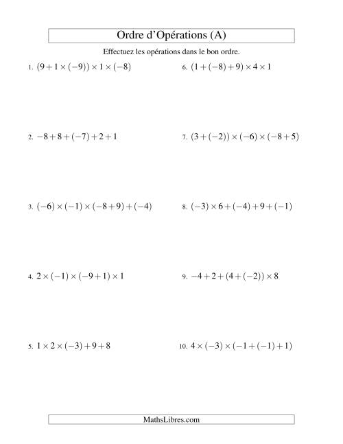 Ordre des opérations avec nombres entiers (quatre étapes) -- Addition et multiplication (A)