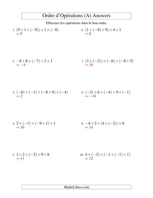 Ordre des opérations avec nombres entiers (quatre étapes) -- Addition et multiplication (A) page 2