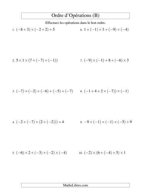 Ordre des opérations avec nombres entiers (quatre étapes) -- Addition et multiplication (B)