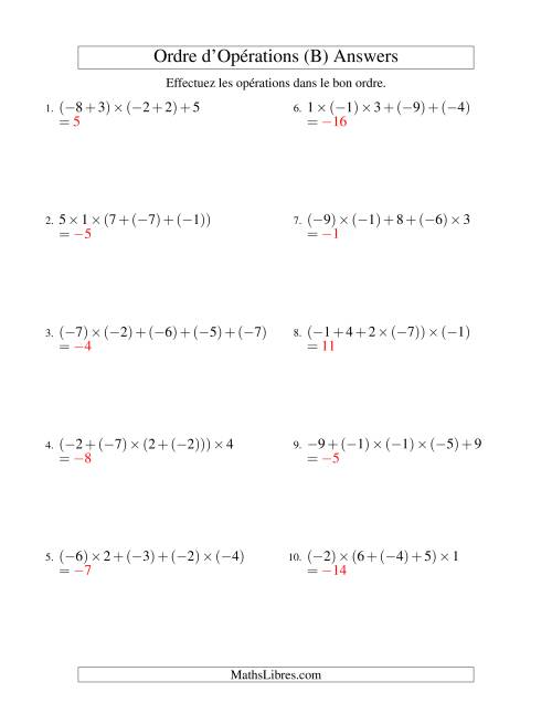 Ordre des opérations avec nombres entiers (quatre étapes) -- Addition et multiplication (B) page 2