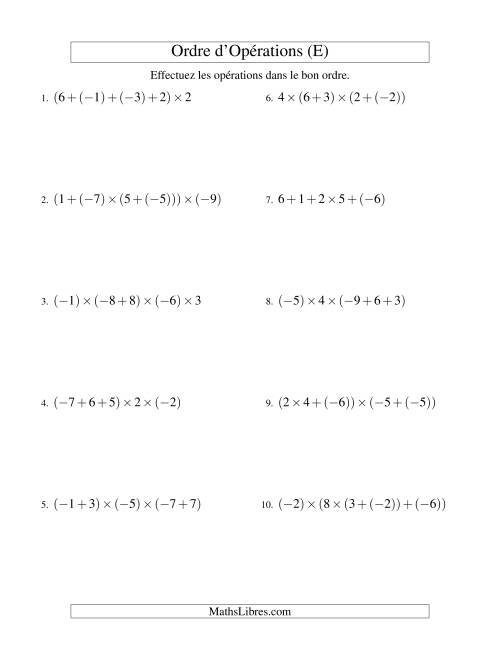 Ordre des opérations avec nombres entiers (quatre étapes) -- Addition et multiplication (E)