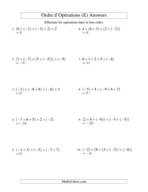 Ordre des opérations avec nombres entiers (quatre étapes) -- Addition et multiplication (E) page 2