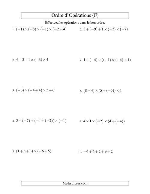 Ordre des opérations avec nombres entiers (quatre étapes) -- Addition et multiplication (F)