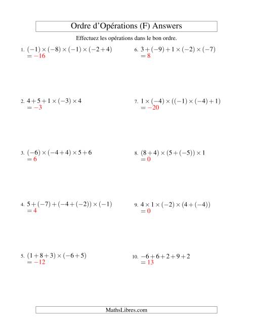 Ordre des opérations avec nombres entiers (quatre étapes) -- Addition et multiplication (F) page 2