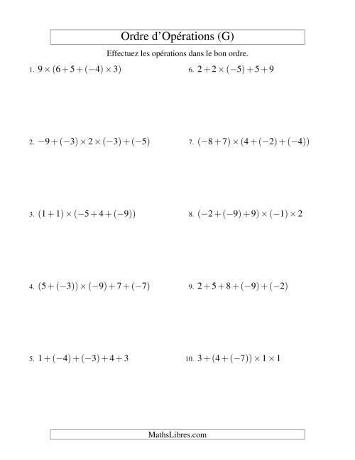 Ordre des opérations avec nombres entiers (quatre étapes) -- Addition et multiplication (G)