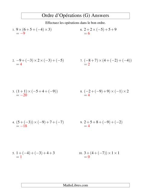 Ordre des opérations avec nombres entiers (quatre étapes) -- Addition et multiplication (G) page 2