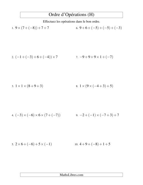 Ordre des opérations avec nombres entiers (quatre étapes) -- Addition et multiplication (H)
