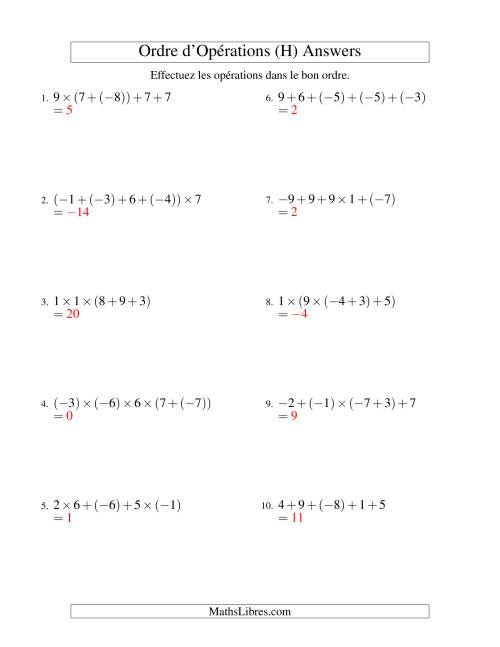 Ordre des opérations avec nombres entiers (quatre étapes) -- Addition et multiplication (H) page 2