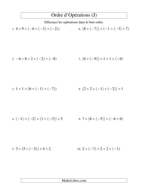Ordre des opérations avec nombres entiers (quatre étapes) -- Addition et multiplication (J)