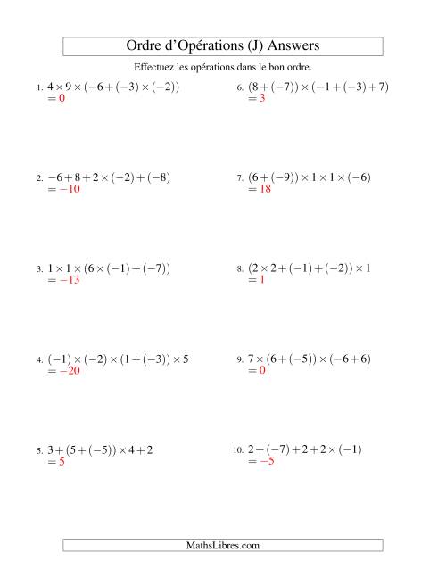 Ordre des opérations avec nombres entiers (quatre étapes) -- Addition et multiplication (J) page 2