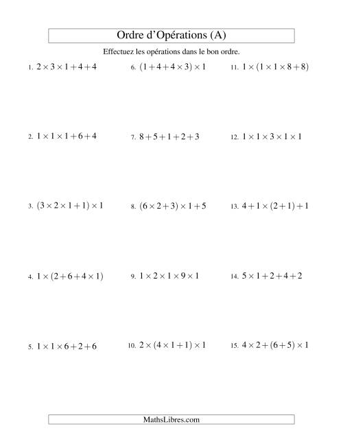 Ordre des opérations avec nombres entiers (quatre étapes) -- Addition et multiplication (nombres positifs seulement) (Ancien)