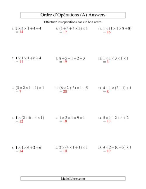 Ordre des opérations avec nombres entiers (quatre étapes) -- Addition et multiplication (nombres positifs seulement) (Ancien) page 2