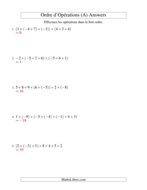 Ordre des opérations avec nombres entiers (six étapes) -- Addition et multiplication (A) page 2