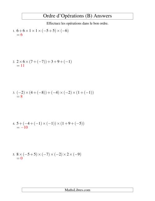 Ordre des opérations avec nombres entiers (six étapes) -- Addition et multiplication (B) page 2