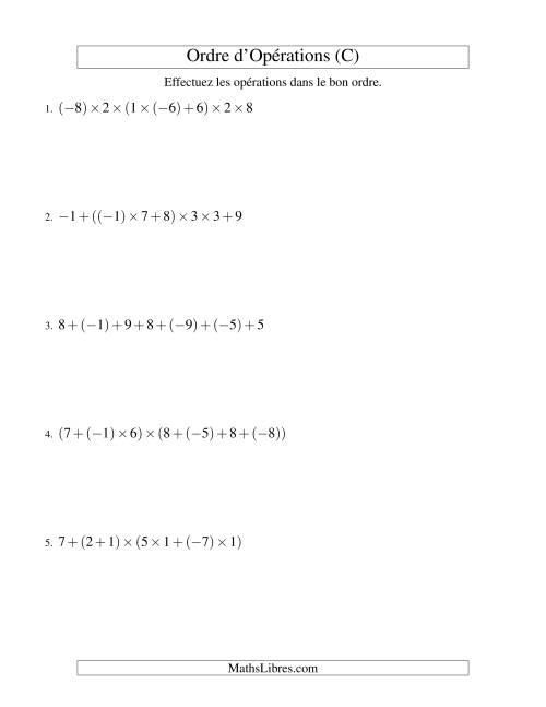 Ordre des opérations avec nombres entiers (six étapes) -- Addition et multiplication (C)