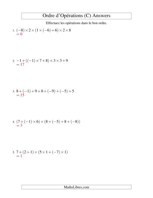 Ordre des opérations avec nombres entiers (six étapes) -- Addition et multiplication (C) page 2