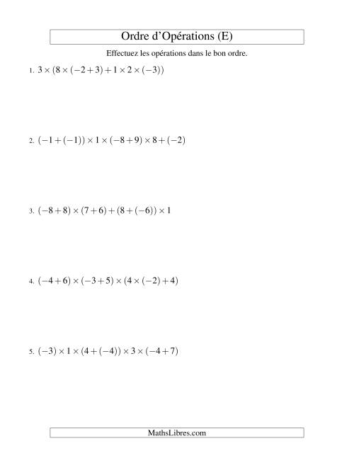 Ordre des opérations avec nombres entiers (six étapes) -- Addition et multiplication (E)
