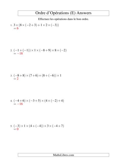 Ordre des opérations avec nombres entiers (six étapes) -- Addition et multiplication (E) page 2
