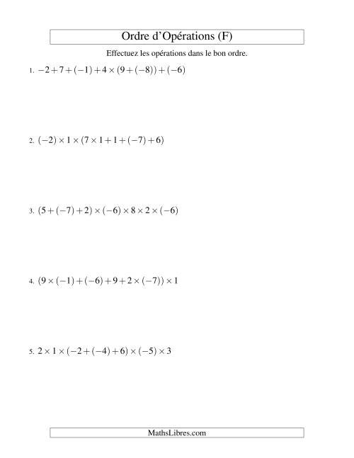 Ordre des opérations avec nombres entiers (six étapes) -- Addition et multiplication (F)
