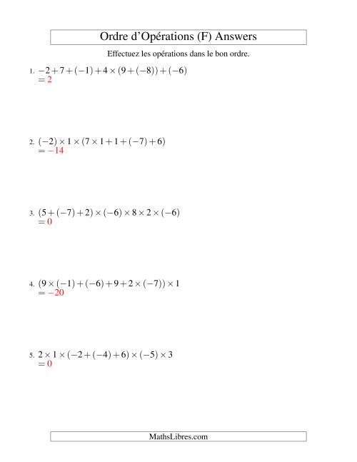Ordre des opérations avec nombres entiers (six étapes) -- Addition et multiplication (F) page 2