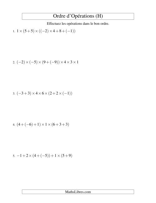 Ordre des opérations avec nombres entiers (six étapes) -- Addition et multiplication (H)