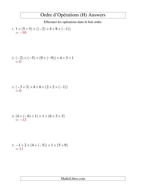 Ordre des opérations avec nombres entiers (six étapes) -- Addition et multiplication (H) page 2