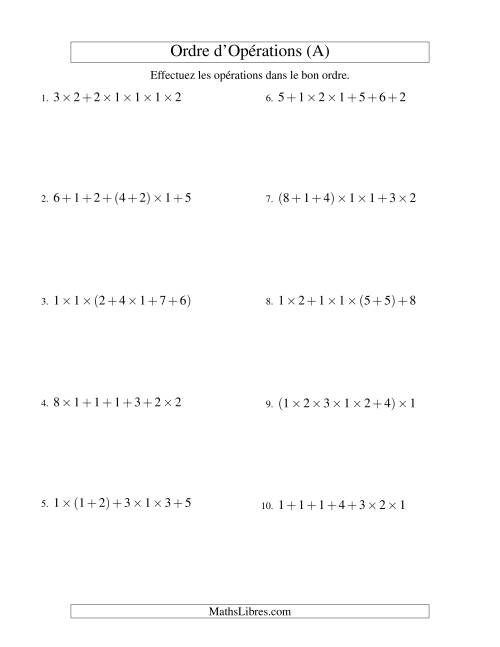 Ordre des opérations avec nombres entiers (six étapes) -- Addition et multiplication (nombres positifs seulement) (Ancien)