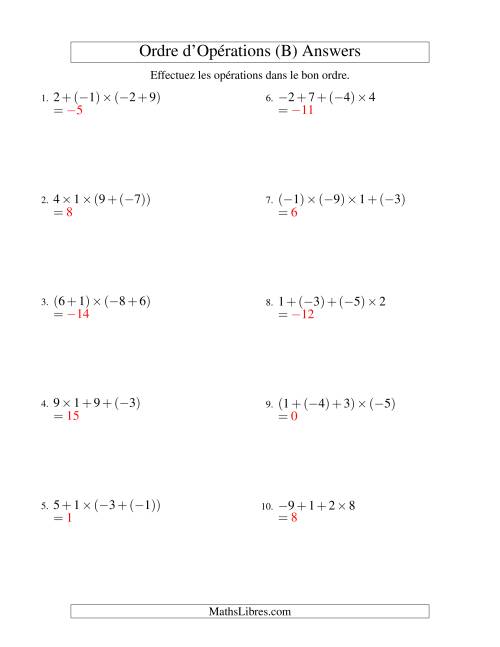 Ordre des opérations avec nombres entiers (trois étapes) -- Addition et multiplication (B) page 2