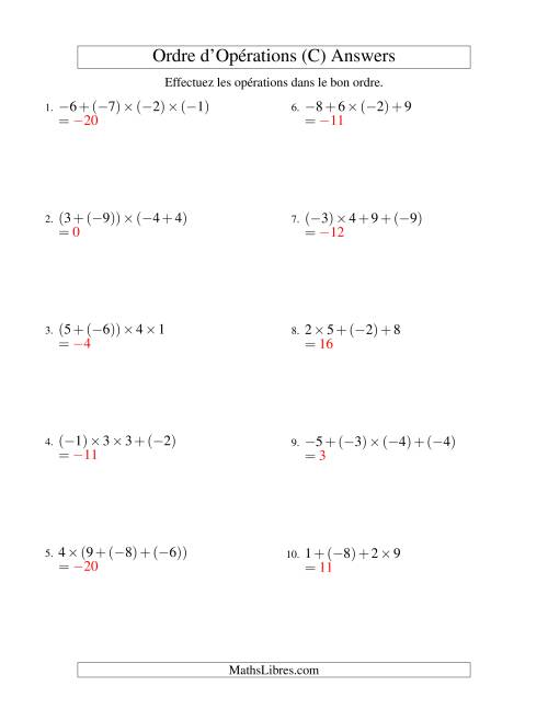 Ordre des opérations avec nombres entiers (trois étapes) -- Addition et multiplication (C) page 2