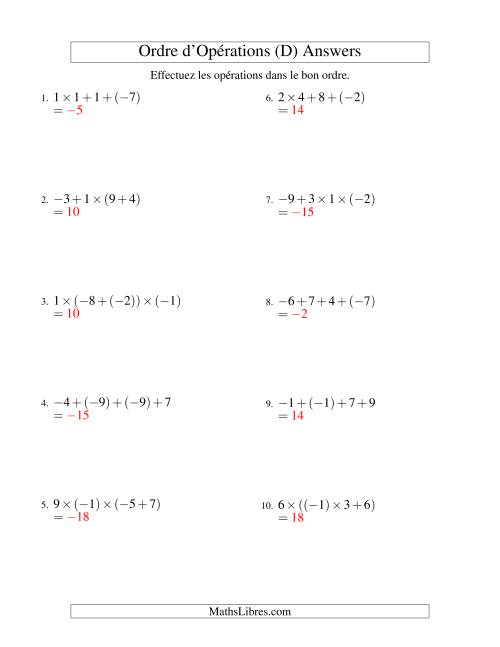 Ordre des opérations avec nombres entiers (trois étapes) -- Addition et multiplication (D) page 2