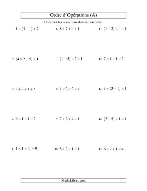 Ordre des opérations avec nombres entiers (trois étapes) -- Addition et multiplication (nombres positifs seulement) (Ancien)