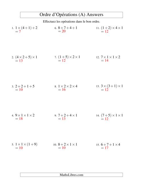 Ordre des opérations avec nombres entiers (trois étapes) -- Addition et multiplication (nombres positifs seulement) (Ancien) page 2