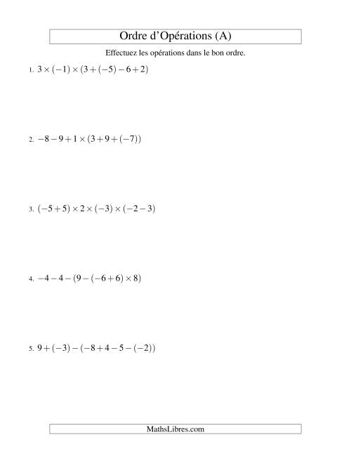 Ordre des opérations avec nombres entiers (cinq étapes) -- Addition, soustraction et multiplication (A)