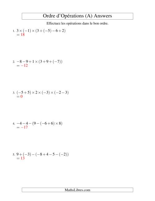 Ordre des opérations avec nombres entiers (cinq étapes) -- Addition, soustraction et multiplication (A) page 2