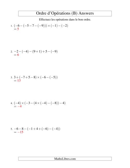 Ordre des opérations avec nombres entiers (cinq étapes) -- Addition, soustraction et multiplication (B) page 2