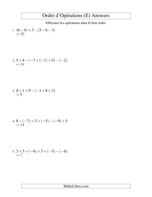 Ordre des opérations avec nombres entiers (cinq étapes) -- Addition, soustraction et multiplication (E) page 2