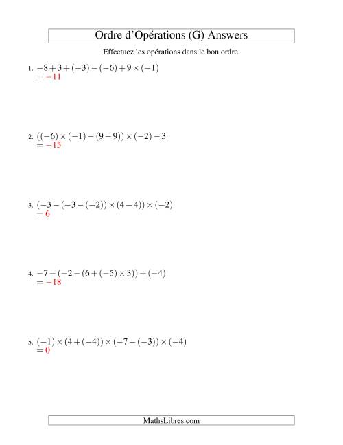 Ordre des opérations avec nombres entiers (cinq étapes) -- Addition, soustraction et multiplication (G) page 2